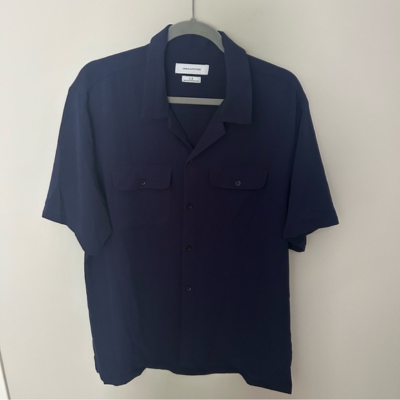 Men's Urban Outfitters Navy Blue Short Sleeve Pocket Button Down Large - Picture 1 of 5